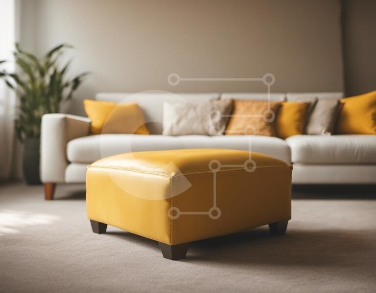 Cozy Living Room with Yellow Ottoman stock photo Creative Fabrica