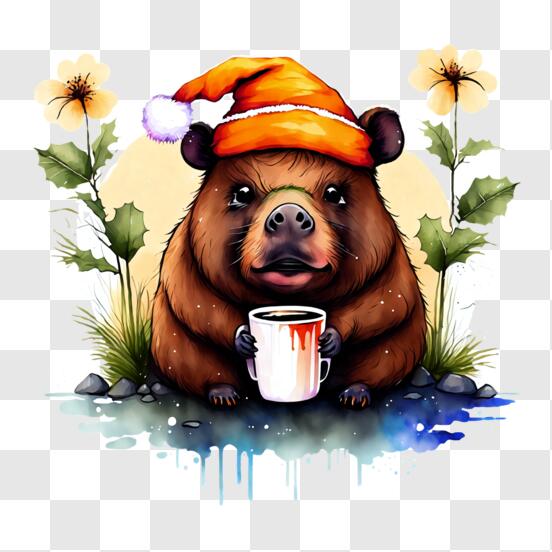Scarica Orso bruno che beve caffè con cappello di Babbo Natale PNG Online -  Creative Fabrica