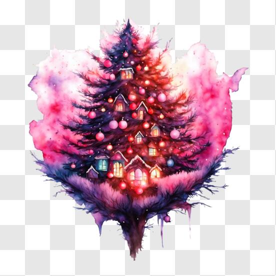 Baixe Árvore de Natal Rosa Festiva Decorada com Enfeites e Flocos de Neve  PNG - Creative Fabrica