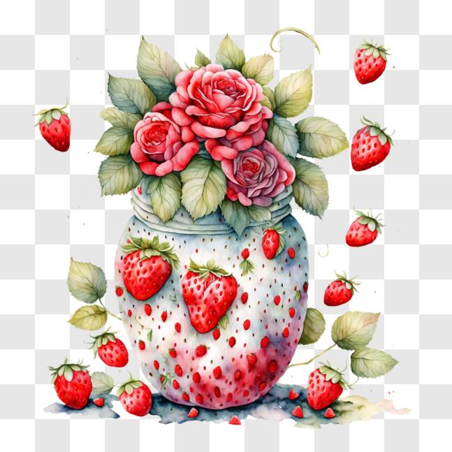 Download Delicious Strawberry and Rose Arrangement in a Mason Jar PNG ...