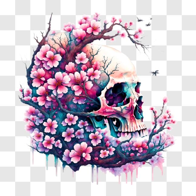 Download Skull with Flowers: Eerie and Surreal Artwork PNG Online - Creative  Fabrica