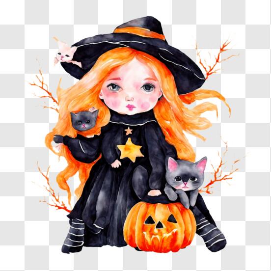 Garota com fantasia de bruxa para o halloween, em fundo branco