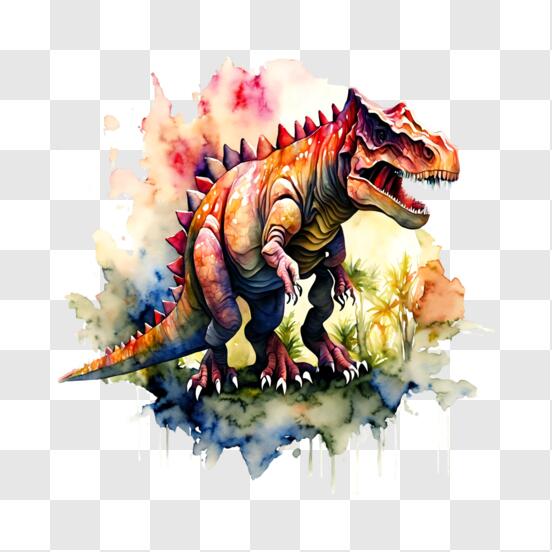 Ilustração colorida de T-Rex com fundo de aquarela