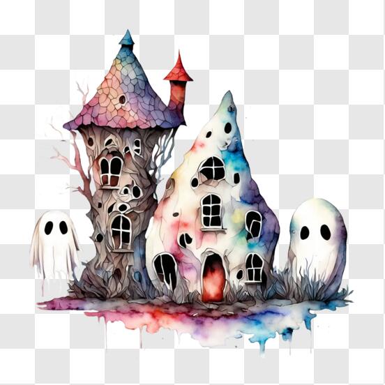Download Watercolor painting of an old house with ghosts and bats PNGs ...