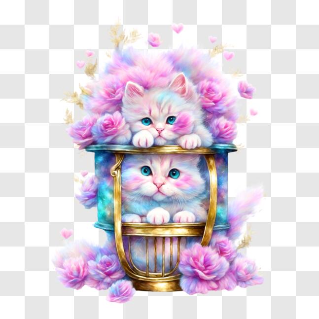 Download Two Cats in Flower-Filled Basket PNGs Online - Creative Fabrica