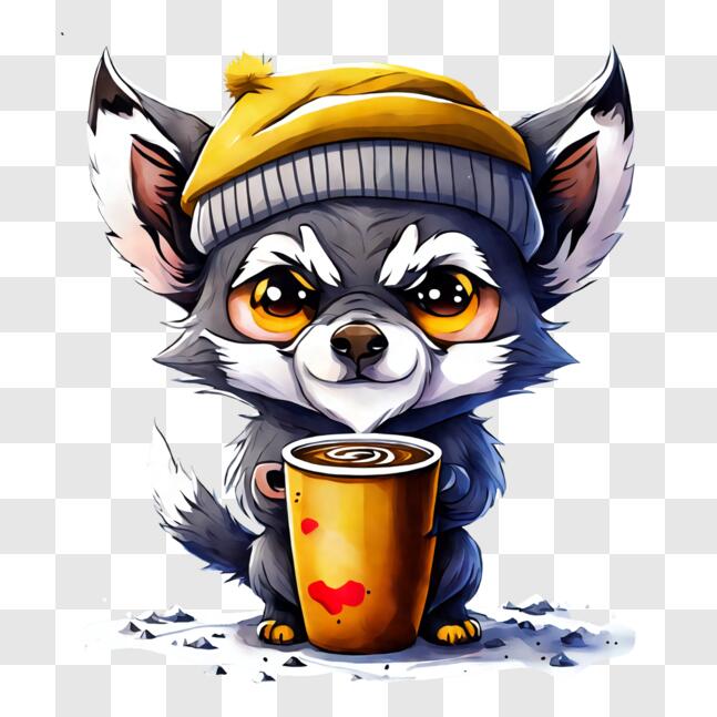 Download Cute Fox Drinking Coffee with Orange Beanie and Hat PNGs ...