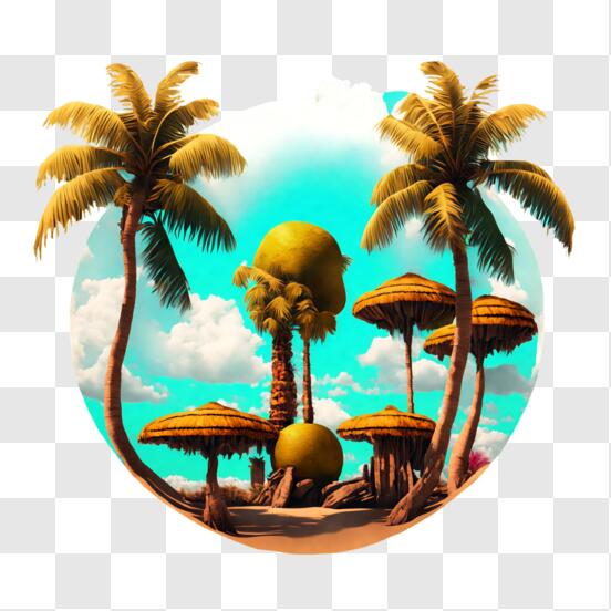 Scarica Paradiso tropicale con palme e ombrelloni PNG Online