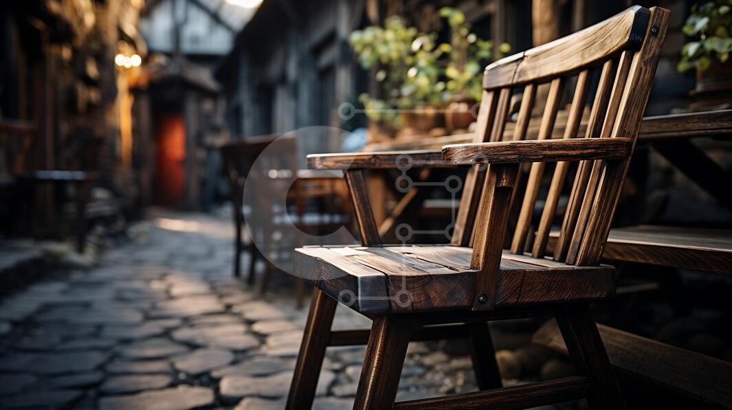 Charme rustique : chaise en bois sur une rue pavée photo stock ...