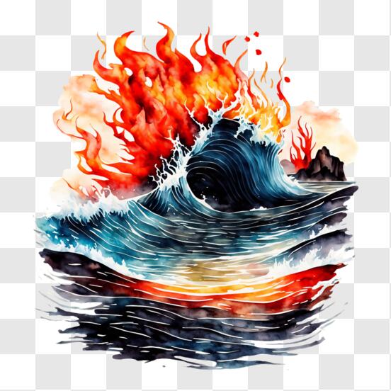 Scarica Potente e affascinante opera d'arte ad acquerello di un'onda  oceanica con sfondo infuocato PNG Online - Creative Fabrica