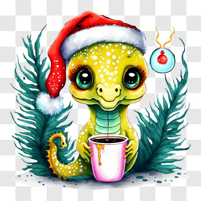 Download Adorable Lizard with Santa Hat and Coffee PNG Online ...