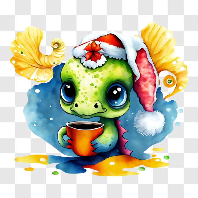 Download Cute Dragon with Santa Hat and Coffee PNG Online - Creative ...