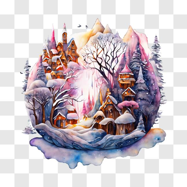 Download Idyllic Winter Village Watercolor Painting PNGs Online ...