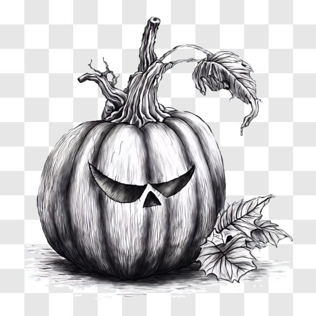 Download Black and White Pumpkin Drawing on Leaves PNG Online ...