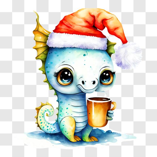 Download Festive Blue Dragon with Santa Hat Drinking Hot Cocoa PNG ...