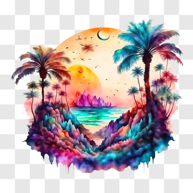 Download Serene Tropical Landscape with Palm Trees and Sunset PNG ...