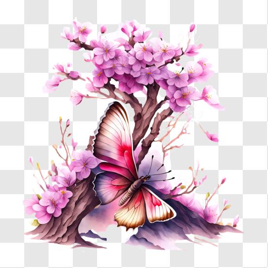 Download Butterfly Artwork with Pink Blossoms and Water Drops PNG Online -  Creative Fabrica