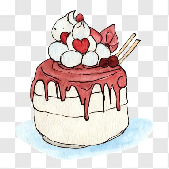 Scarica Deliziosa Torta con Glassa, Ciliegie e Cuori PNG Online