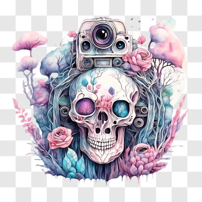 Download Surreal Art: Skull with Camera and Flowers PNG Online - Creative  Fabrica
