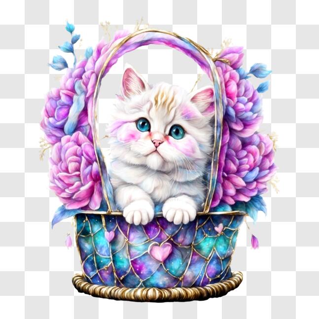 Download White Kitten in a Basket Surrounded by Pink and Purple Flowers ...