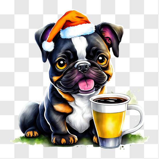 Scarica Adorabile cane nero e bianco con cappello di Babbo Natale e tazza  di caffè PNG Online - Creative Fabrica
