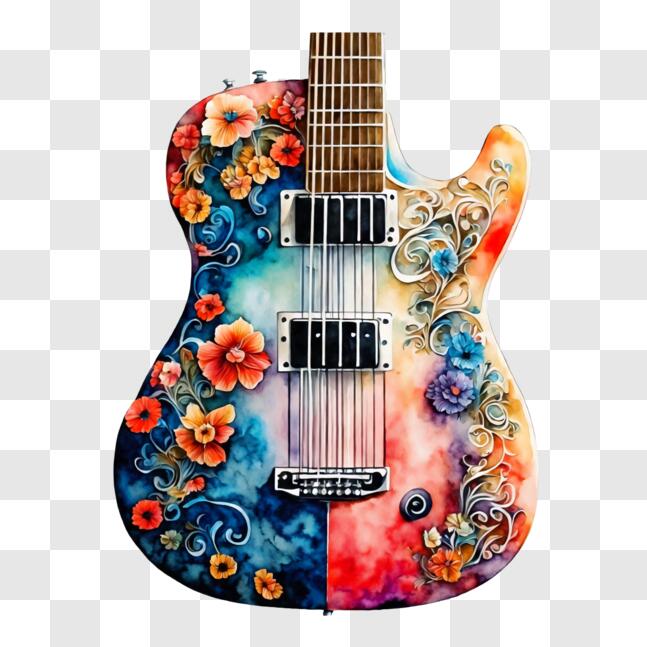Download Colorful Painted Electric Guitar with Floral Designs PNG ...
