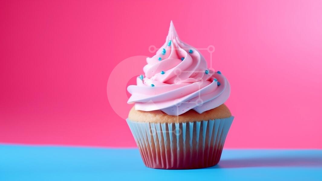 Delicious Pink Cupcake with Frosting and Sprinkle stock photo