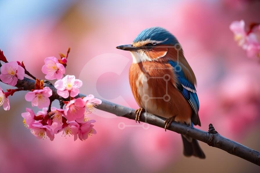 Colorful Bird Perched On Branch With Pink Flowers Stock Photo colorful-bird-perched-on-branch-with-pink-flowers-stock-photo