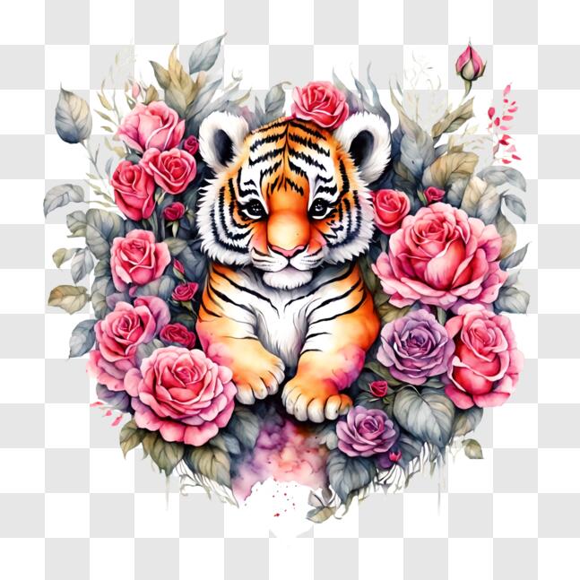 Download Tiger Cub in a Floral Wonderland PNG Online - Creative Fabrica