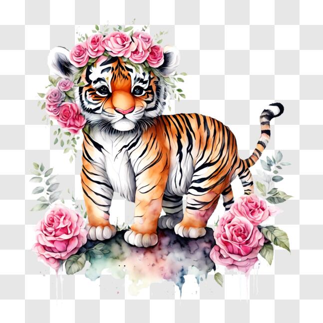Download Adorable Baby Tiger with Flower Crown PNG Online - Creative ...
