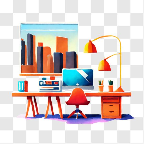 Download Modern Desk Setup with City Skyline View PNG Online