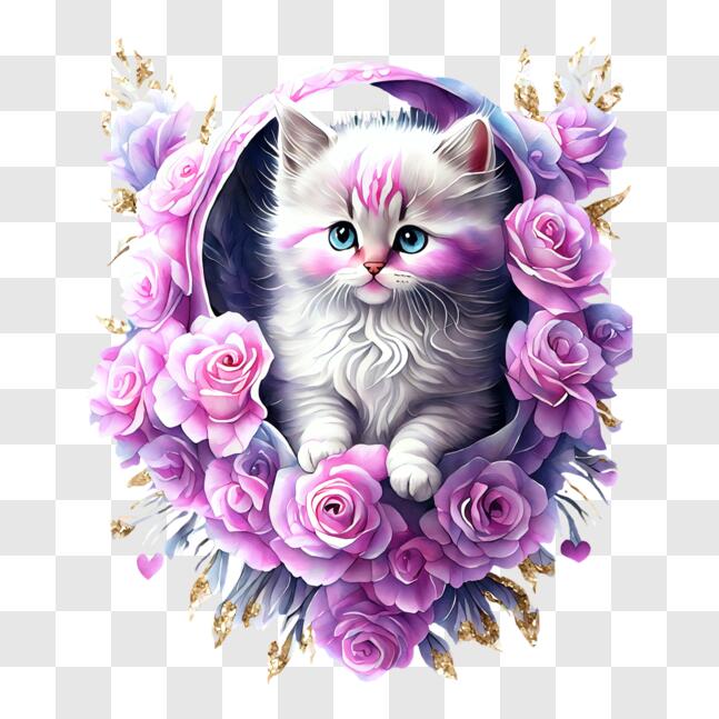 Download White Kitten in Purple Rose Garden PNGs Online - Creative Fabrica