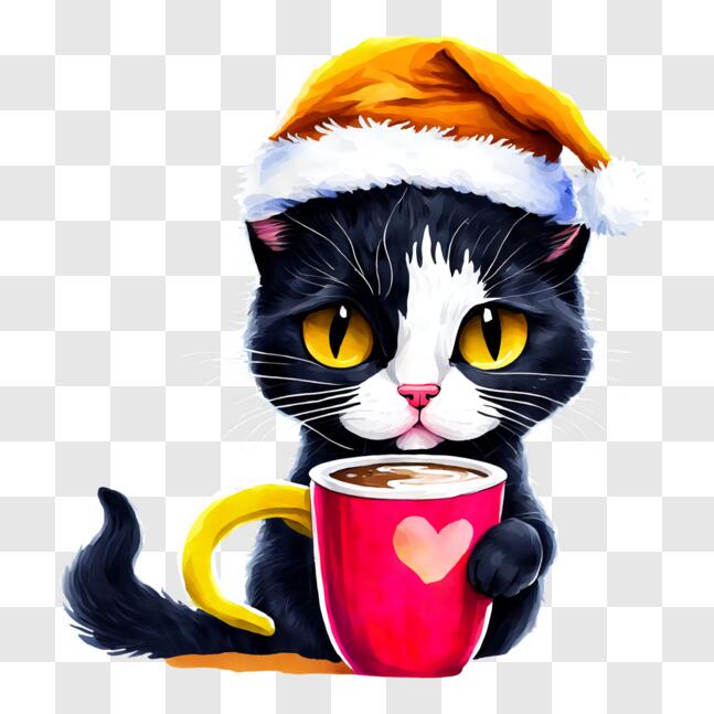 Download Black and White Cat Enjoying Hot Drink on a Winter Day PNG ...