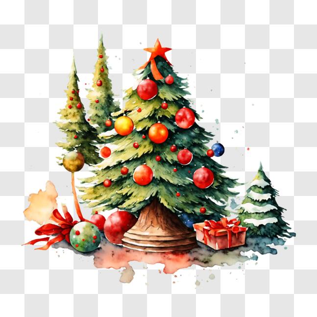 Download Watercolor Painting of Decorated Christmas Tree PNG Online ...