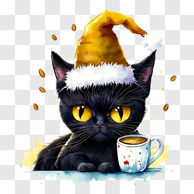 Download Adorable Black Cat with Santa Hat and Coffee Cup PNG Online ...