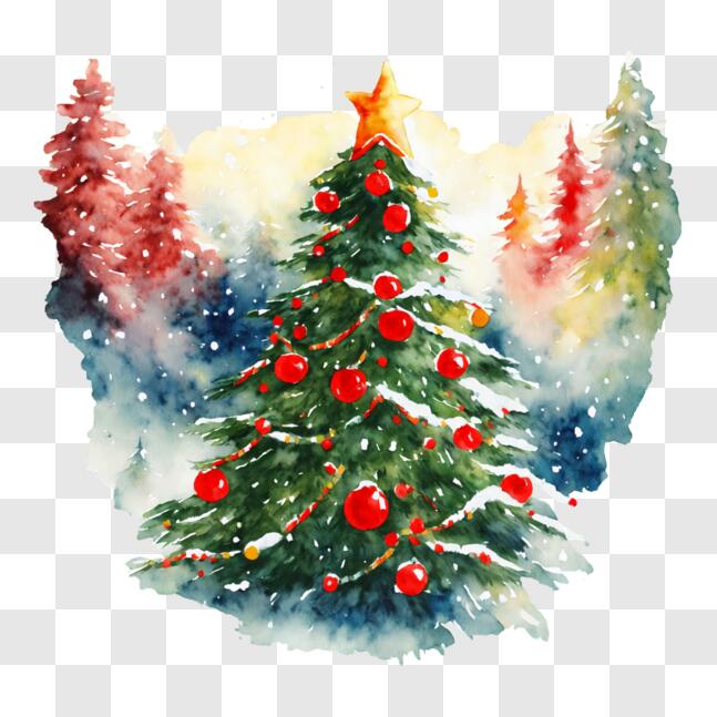 Download Festive Watercolor Christmas Tree in Snowy Forest PNG Online ...