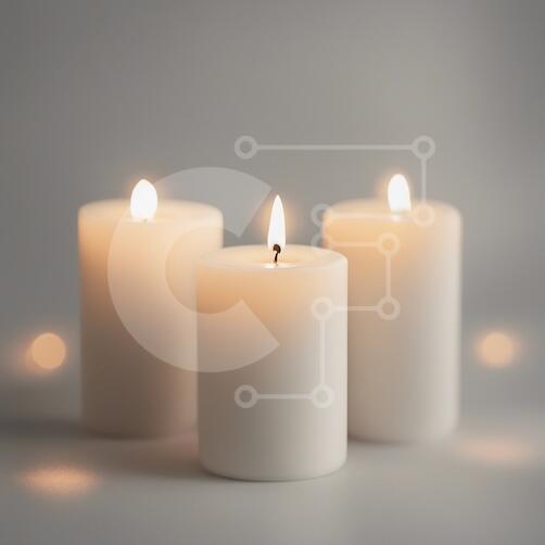 Tre candele bianche su una superficie di colore chiaro foto stock