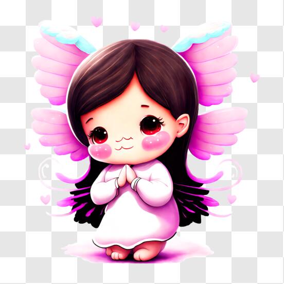 animê menina com anjo asas e fones de ouvido em pé dentro frente