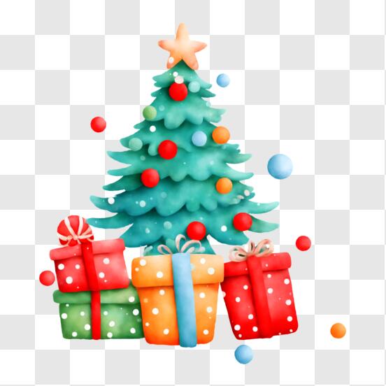 Scarica Albero di Natale festoso con scatola regalo sullo sfondo PNG Online  - Creative Fabrica