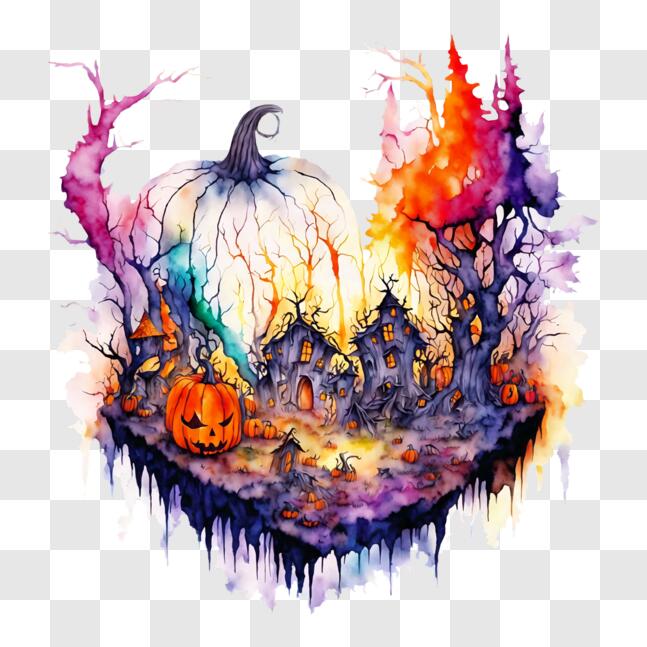 Download Colorful Halloween Artwork with Pumpkins and Trees PNG Online ...