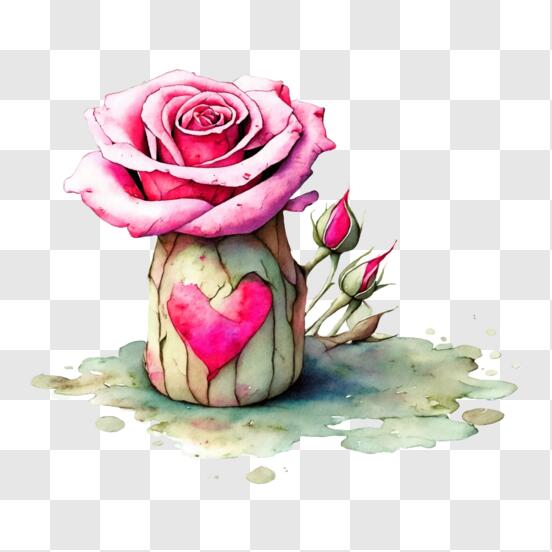Download Romantic Pink Rose in a Vase with Heart-shaped Sticker