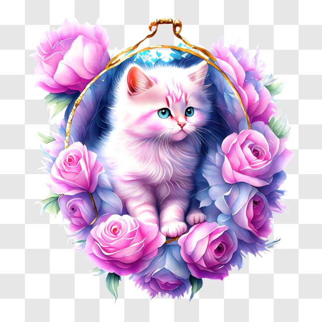 Download White Cat Sitting in Pink Roses PNGs Online - Creative Fabrica