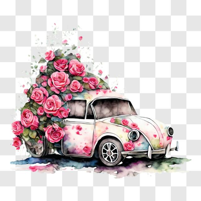 Download Decorative Volkswagen Beetle with Floral Elements PNG Online ...