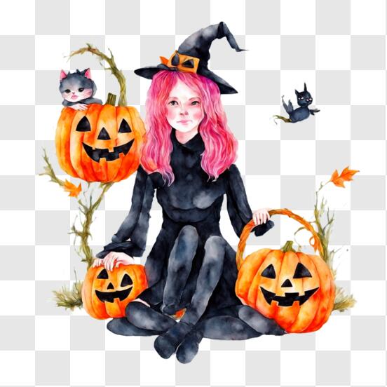 Scarica Scena spaventosa di Halloween con donna in costume di strega e  zucche PNG Online - Creative Fabrica