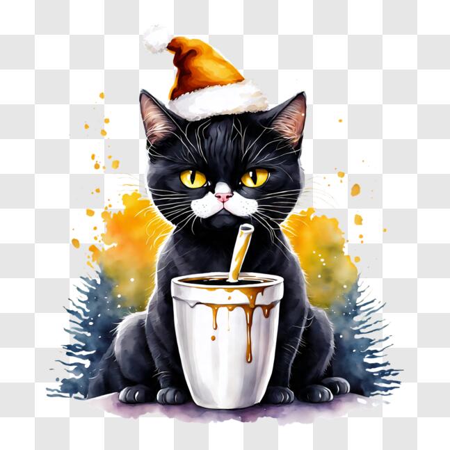 Download Christmas Cat with Santa Hat and Coffee PNG Online - Creative ...