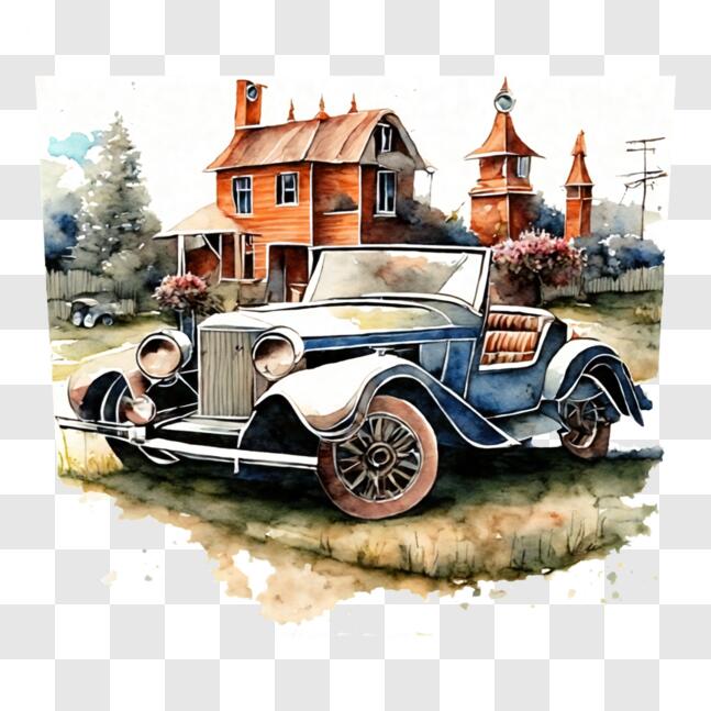 Download Vintage Car Parked in Front of House - Watercolor Art PNGs ...