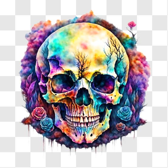 Scarica Colorful Skull with Roses Artwork PNG Online - Creative Fabrica