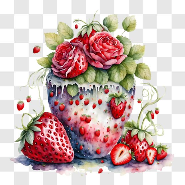 Download Strawberry Watercolor Painting with Roses and Fruit PNG Online ...