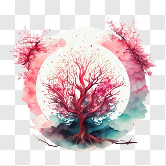 Scarica Albero Sognante con Fiori Rosa in Pittura ad Acquerello PNG Online  - Creative Fabrica