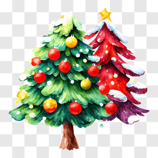 Download Colorful Christmas Trees with Ornaments and Snowflakes PNG ...