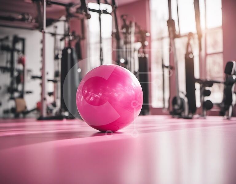 Pink Exercise Ball in Gym with Equipment Wall stock photo